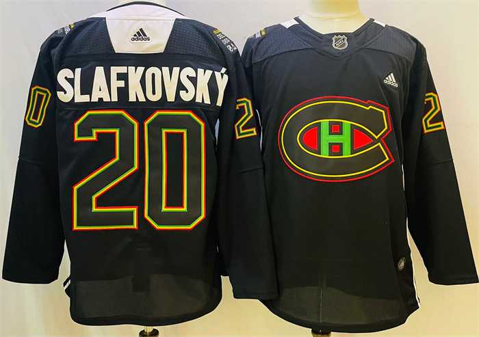 Mens Montreal Canadiens #20 Juraj Slafkovsky 2022 Black Warm Up History Night Stitched Jersey->montreal canadiens->NHL Jersey
